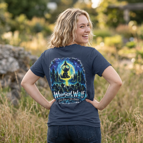 Whimsical Wolf Yoga T-Shirt — "Live Free and Be Happy" Moonlit Forest Graphic
