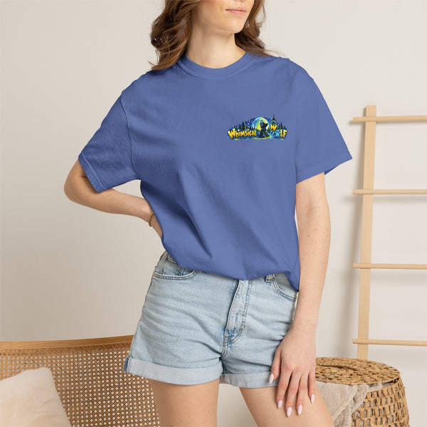 Whimsical Wolf Yoga T-Shirt — "Live Free and Be Happy" Moonlit Forest Graphic