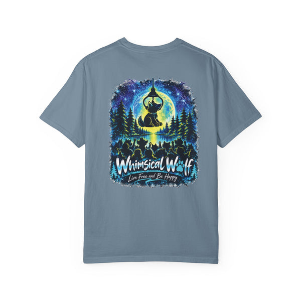Whimsical Wolf Yoga T-Shirt — "Live Free and Be Happy" Moonlit Forest Graphic