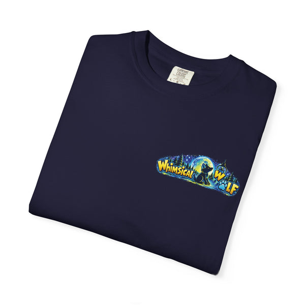 Whimsical Wolf Yoga T-Shirt — "Live Free and Be Happy" Moonlit Forest Graphic