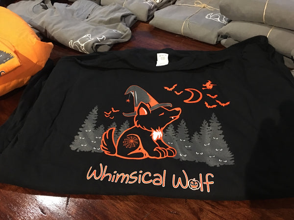 Black Halloween Short Sleeve with Whimsical Wolf Witch design