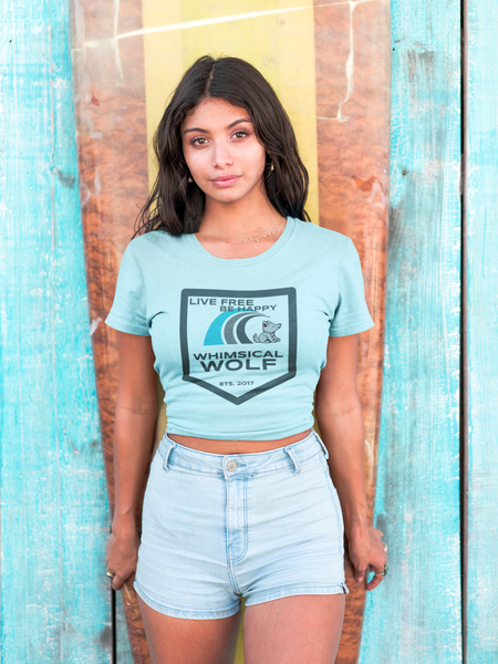 Heather Teal Blue Short Sleeve Shirt with White and Blue Vintage Badge Design