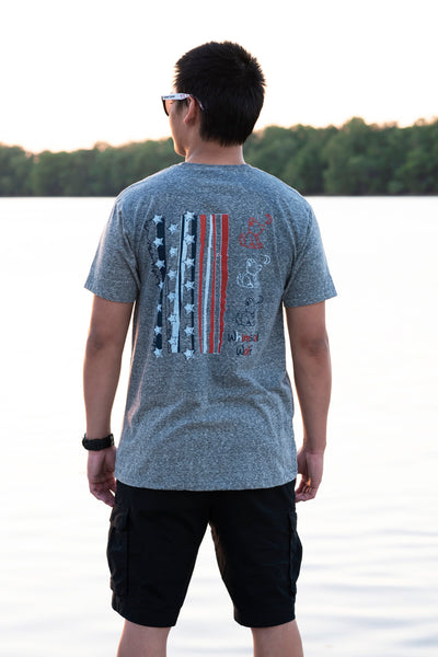 Snow Heather Gray Crew Neck with Red, White, and Navy Blue Patriotic Design - Whimsical Wolf