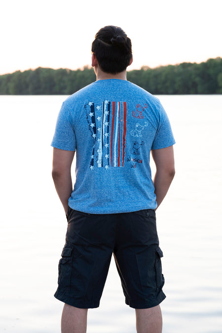 Snow Heather Red Crew Neck with Red, White, and Navy Blue Patriotic Design
