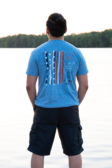 Heather Teal Blue Short Sleeve Shirt with White and Blue Vintage Badge Design