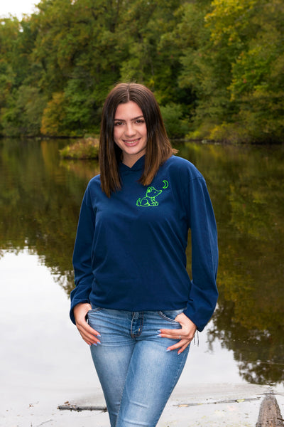 Navy Blue Long Sleeve Hoodie with Celestial Pattern - Whimsical Wolf