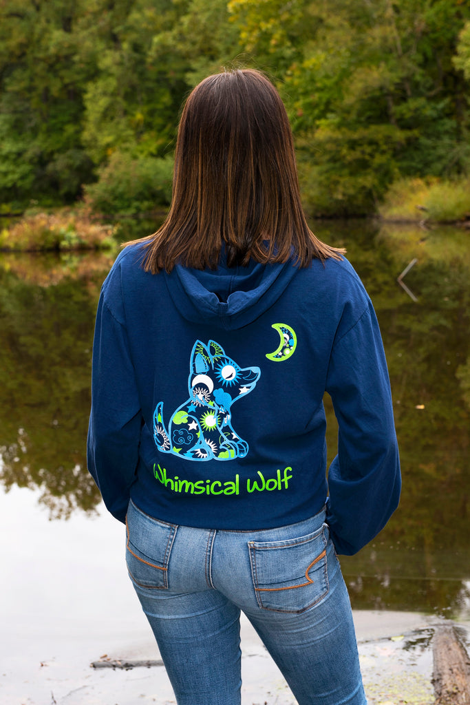 Navy Blue Long Sleeve Hoodie with Celestial Pattern