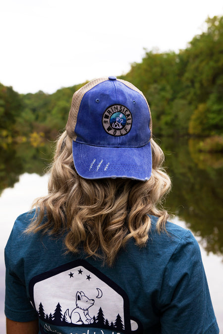 Distressed Denim Blue Trucker Hat with Outdoor Scene Logo