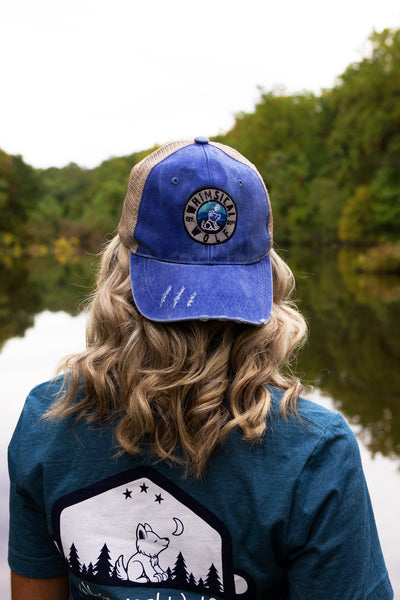 Distressed Royal Blue Trucker Hat with Circle Badge Logo - Whimsical Wolf