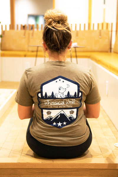 Heather Olive Short Sleeve Shirt with white and blue Vintage badge design. - Whimsical Wolf
