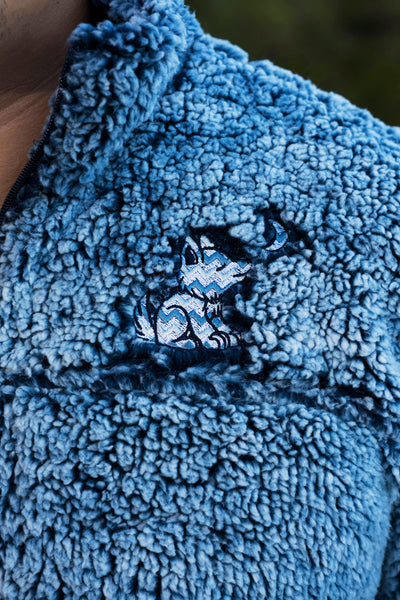 Navy Blue Pullover Sherpa with Chevron Wolf Embroidered Design - Whimsical Wolf