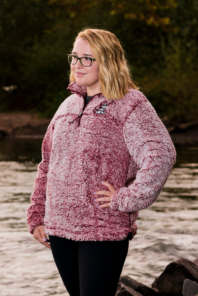 Maroon Pullover Sherpa with Chevron Wolf Embroidered Design