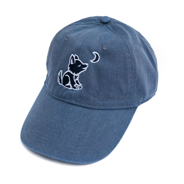 Denim Blue Baseball Cap with Embroidered Wolf Logo in White & Navy Blue - Whimsical Wolf