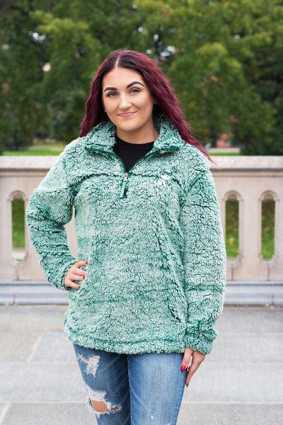 Hunter Green Pullover Sherpa with Chevron Wolf Embroidered Design - Whimsical Wolf