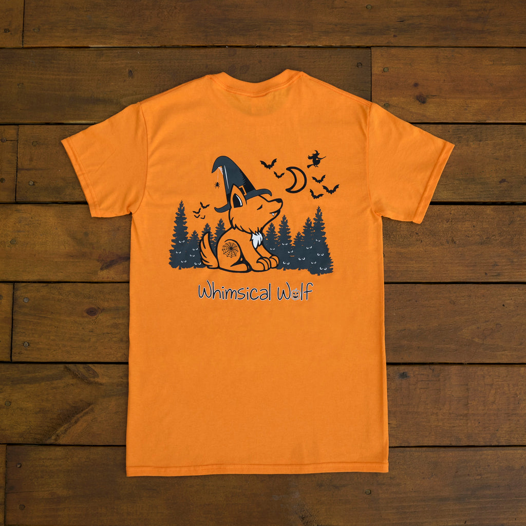 Orange Halloween Short Sleeve with Whimsical Wolf Witch design
