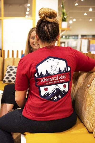 Cardinal Red Short Sleeve Shirt with white and blue Vintage badge design. - Whimsical Wolf