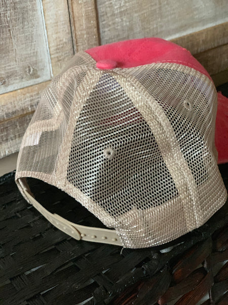 Distressed Denim Pink Trucker Hat with Outdoor Scene Logo - Whimsical Wolf