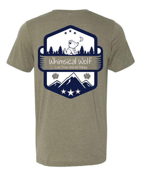 Heather Olive Short Sleeve Shirt with white and blue Vintage badge design. - Whimsical Wolf