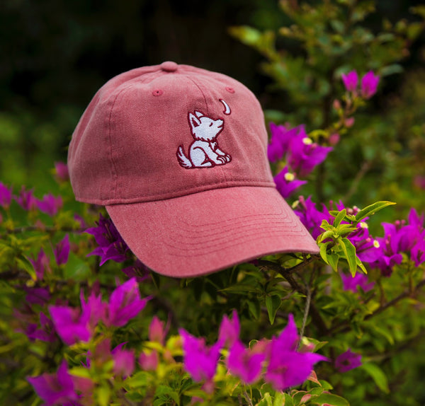 Brick Red Baseball Cap with Embroidered Wolf Logo in White & Burgandy - Whimsical Wolf