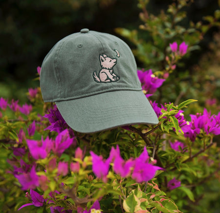 Distressed Denim Pink Trucker Hat with Outdoor Scene Logo