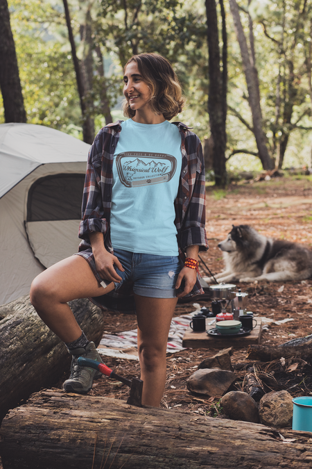 Distressed Denim Blue Trucker Hat with Outdoor Scene Logo