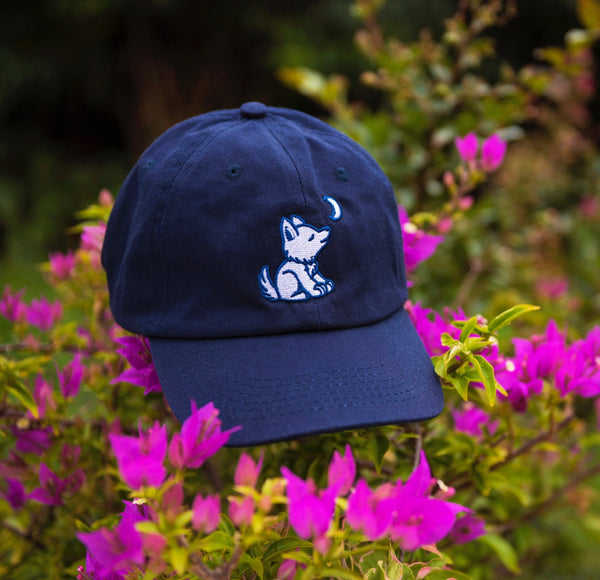 Navy Blue Baseball Cap with Embroidered Wolf Logo in Royal Blue and White - Whimsical Wolf