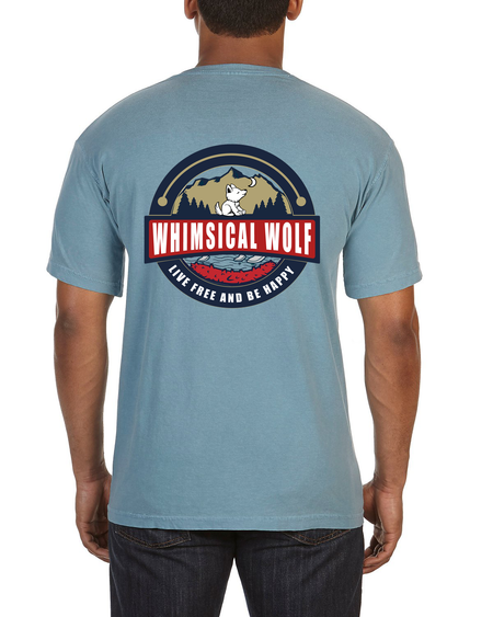 Snow Heather Blue Crew Neck with Red, White, and Navy Blue Patriotic Design