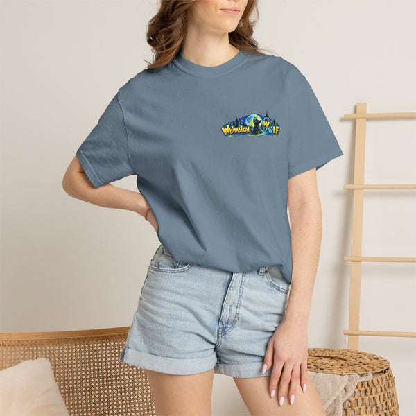 Whimsical Wolf Yoga T-Shirt — "Live Free and Be Happy" Moonlit Forest Graphic