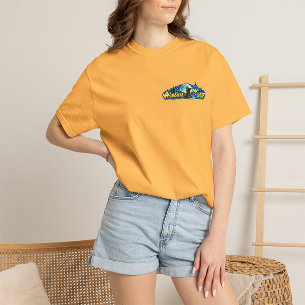 Whimsical Wolf Yoga T-Shirt — "Live Free and Be Happy" Moonlit Forest Graphic