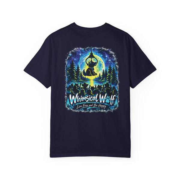Whimsical Wolf Yoga T-Shirt — "Live Free and Be Happy" Moonlit Forest Graphic