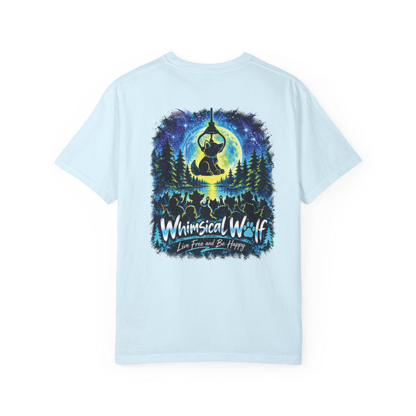 Whimsical Wolf Yoga T-Shirt — "Live Free and Be Happy" Moonlit Forest Graphic