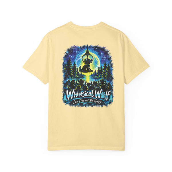 Whimsical Wolf Yoga T-Shirt — "Live Free and Be Happy" Moonlit Forest Graphic