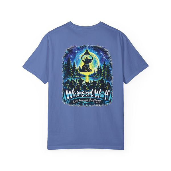Whimsical Wolf Yoga T-Shirt — "Live Free and Be Happy" Moonlit Forest Graphic