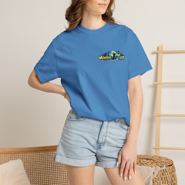 Whimsical Wolf Yoga T-Shirt — "Live Free and Be Happy" Moonlit Forest Graphic