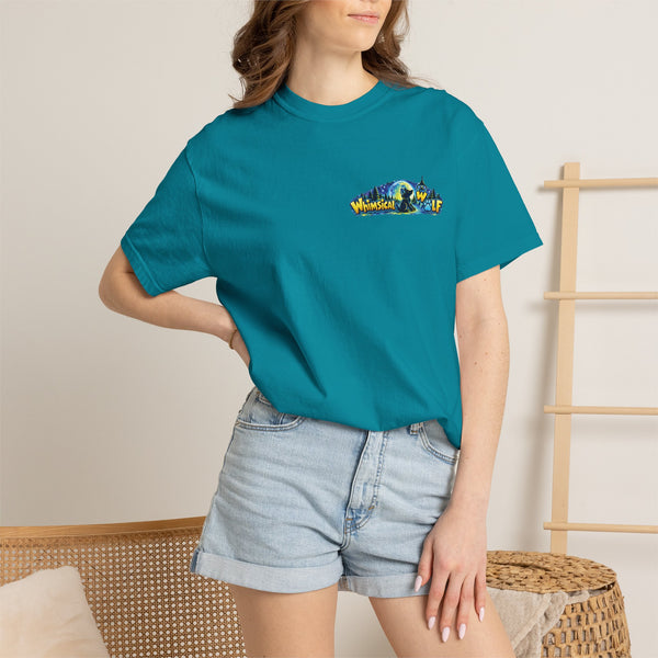 Whimsical Wolf Yoga T-Shirt — "Live Free and Be Happy" Moonlit Forest Graphic