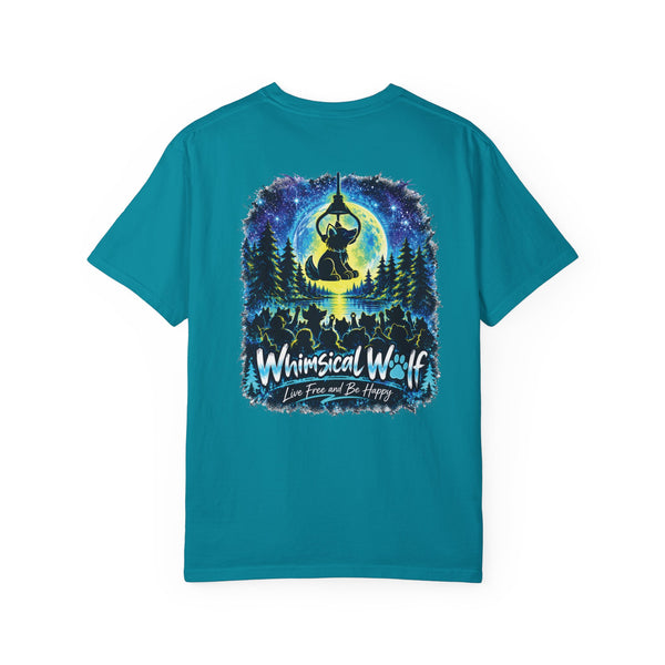 Whimsical Wolf Yoga T-Shirt — "Live Free and Be Happy" Moonlit Forest Graphic