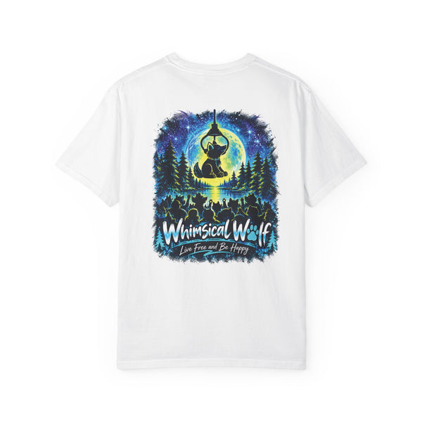 Whimsical Wolf Yoga T-Shirt — "Live Free and Be Happy" Moonlit Forest Graphic