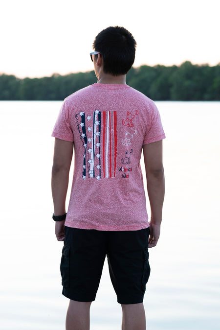 Snow Heather Blue Crew Neck with Red, White, and Navy Blue Patriotic Design