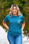 Heather Teal Blue Short Sleeve Shirt with White and Blue Vintage Badge Design - Whimsical Wolf