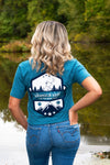 Heather Teal Blue Short Sleeve Shirt with White and Blue Vintage Badge Design - Whimsical Wolf