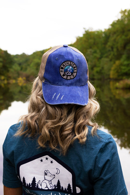 Distressed Royal Blue Trucker Hat with Circle Badge Logo - Whimsical Wolf