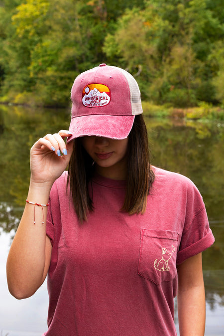 Brick Red Baseball Cap with Embroidered Wolf Logo in White & Burgandy