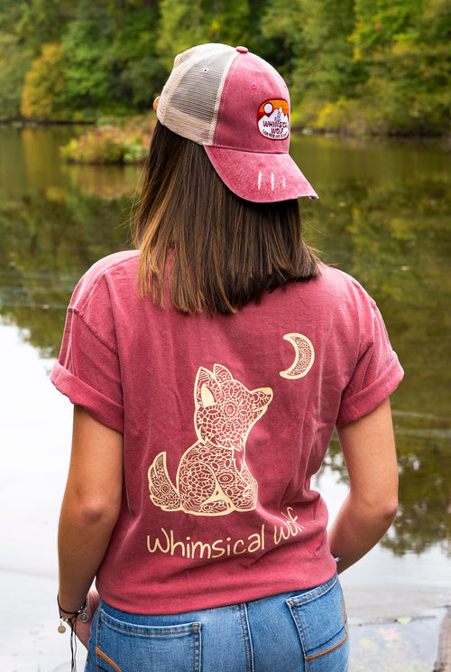 Distressed Maroon Trucker Hat with Sunset Badge Logo - Whimsical Wolf