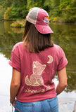 Distressed Maroon Trucker Hat with Sunset Badge Logo - Whimsical Wolf