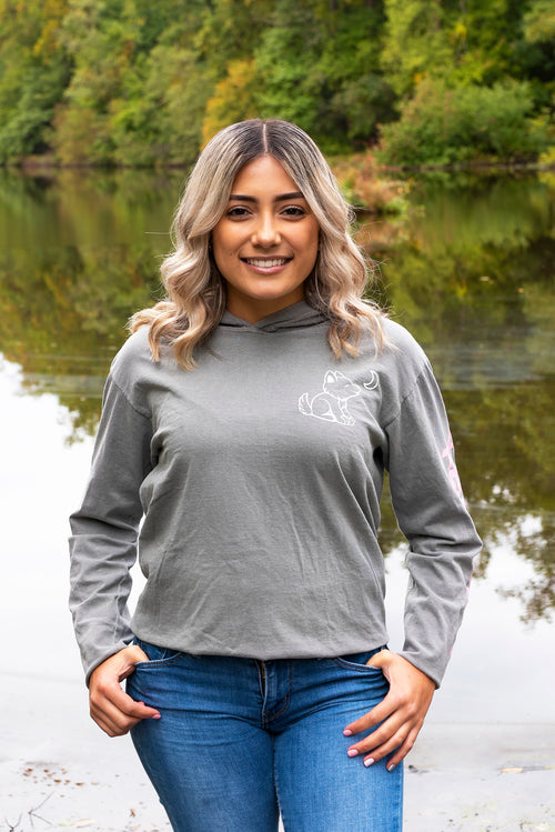 Breast Cancer Grey Long Sleeve Hoodie with Diamond Breast Cancer Design - Whimsical Wolf