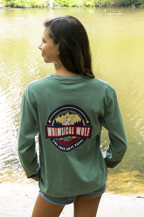 Nature Green Long Sleeve with Vintage Whimsical Wolf Logo - Whimsical Wolf