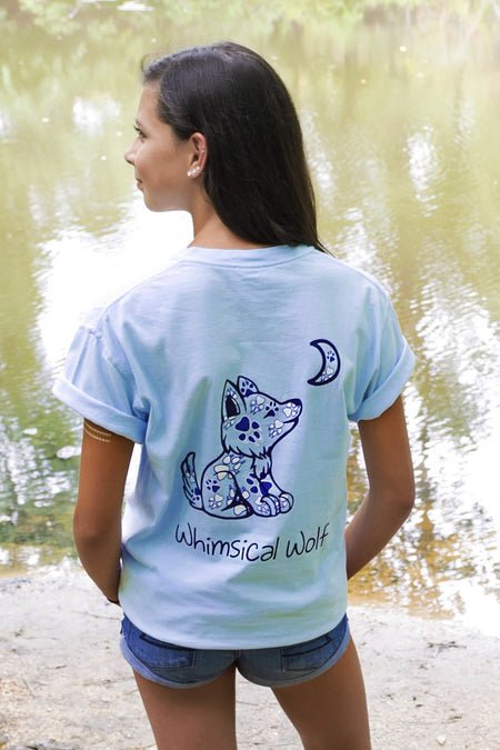 Ice Blue Short Sleeve with Vintage Whimsical Wolf Logo