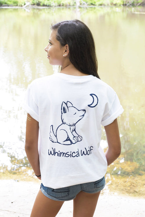 White Short Sleeve with Navy Blue Simple Distressed Pattern - Whimsical Wolf