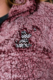 Maroon Pullover Sherpa with Chevron Wolf Embroidered Design - Whimsical Wolf