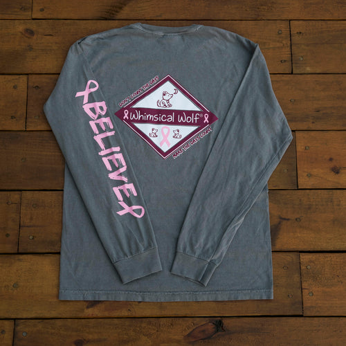 Breast Cancer Grey Long Sleeve with Diamond Breast Cancer Design - Whimsical Wolf